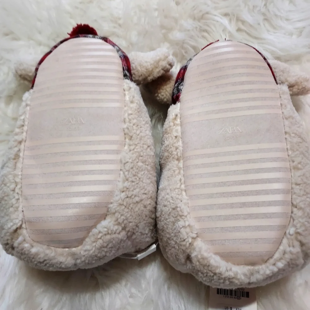 Zara Sheep Plush House Slippers in Cream with Red Plaid Accents